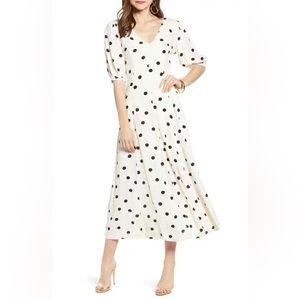 Something Navy Beige Écru Dot Puff Sleeve Maxi Dress